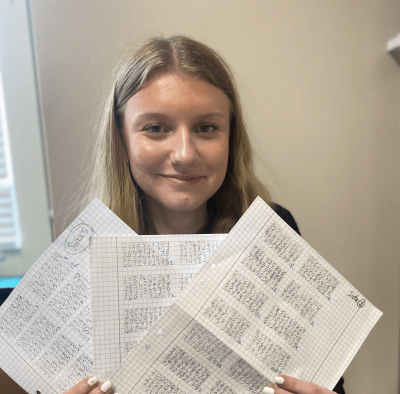 Tjej håller glatt upp rutade papper med 4000 decimaler av PI