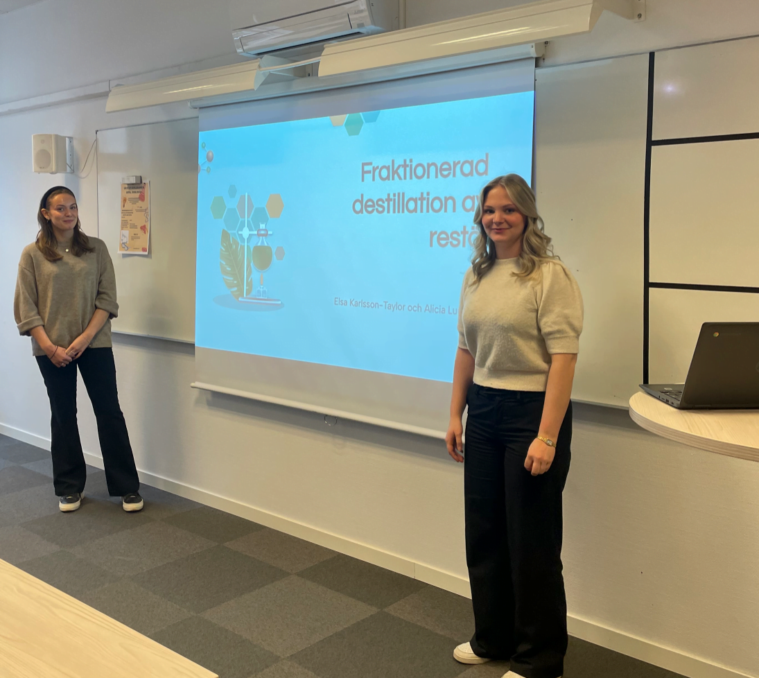 Elever står längst fram i ett klassrum och presenterar ett arbete.